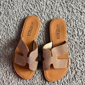 Women's Tan Sandals with Rhinestone Detailing
